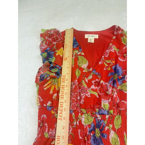 Jessica Simpson Dress Womens Medium Red Floral Ruffle Sleeve Smocked Waist Midi - Picture 10 of 12